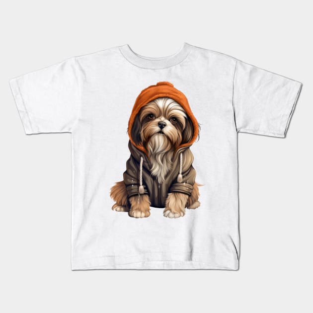 Winter Shih Tzu Dog Kids T-Shirt by Chromatic Fusion Studio